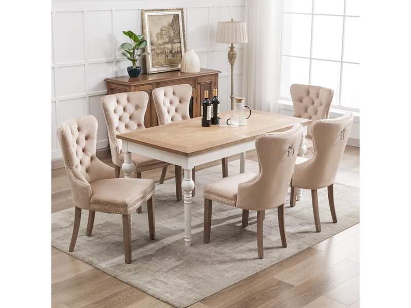  Chaise salle à manger modèle knocker beige lot de 6, velours, clous, pieds bois massif  - Conforama B