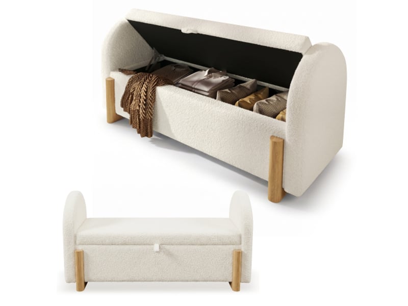  Banc de lit 106 cm - banc coffre de rangement bouclé blanc - ouverture hydraulique - pieds en bois massif  - Conforama W