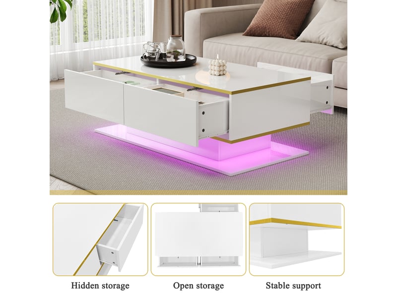  Table basse led moderne 100 cm, finition brillante, décor doré, 3 tiroirs, bandeau led usb, blanc  - Conforama E