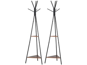 Lot de 2 porte-manteaux trépied meuble d'entrée style industriel branches 2 étagères + 6 métal patères noir
