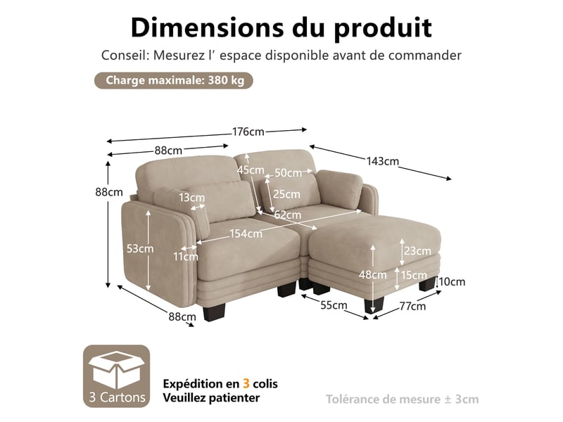  Canapé d’angle modulable 176 cm 2 places avec ottoman, coussins d’accoudoir amovibles, coussins lombaires épais à soutien renforcé, chenille, marron clair  - Conforama D