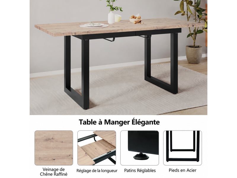  Table à manger extensible 140180 x 80 x 75 cm, plateau mdf chêne, pieds métal noir, 6 à 8 personnes  - Conforama E