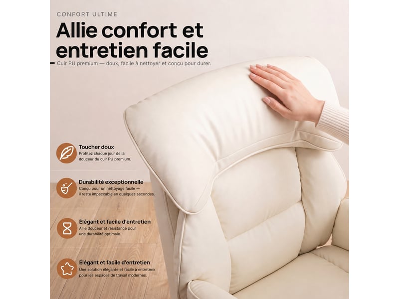  Fauteuil de bureau ergonomique,dossier inclinable 90°-135,repose-pieds,hauteur réglable,cuir pu,beige  - Conforama B