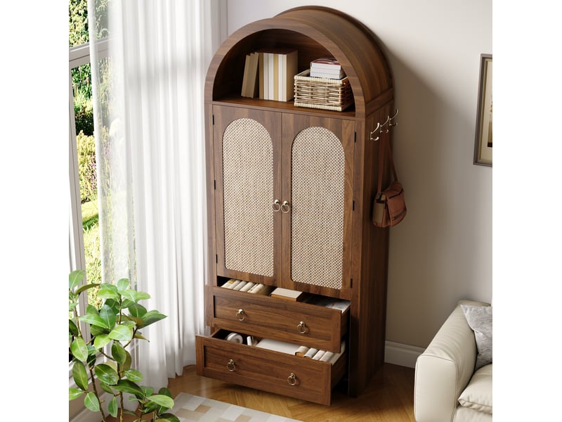 Meuble de rangement avec 2 portes en rotin, 2 tiroirs, étagères réglables et crochets pour salon en mdf noyer - Conforama D