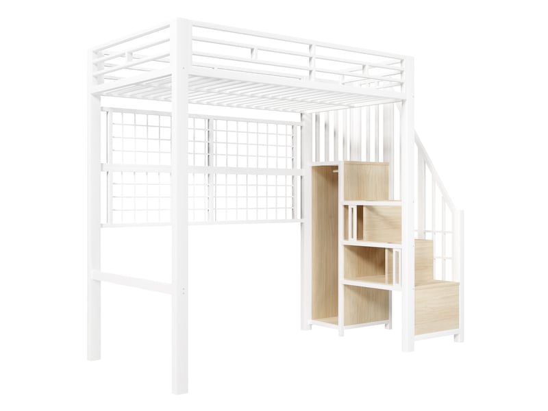  Lit mezzanine blanc 90 × 200 cm en métal, armoire, led 7 couleurs et échelle rangement  - Conforama E
