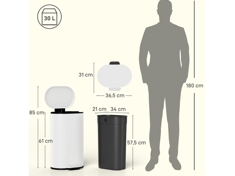 Poubelle de cuisine 30 l à pédale avec fermeture douce, crème blanche evryae - Conforama D