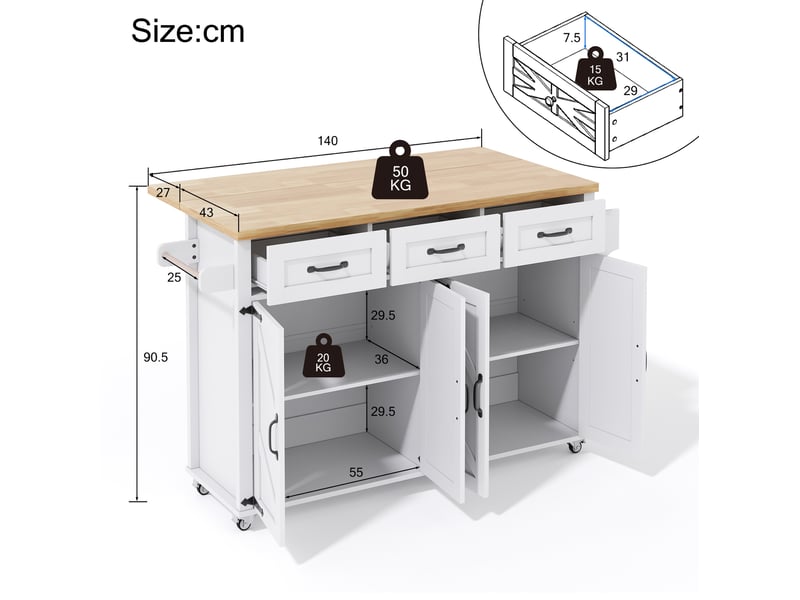  Desserte de cuisine 140x43x90,5 cm plateau rabattable mdf blanc et naturel  - Conforama C