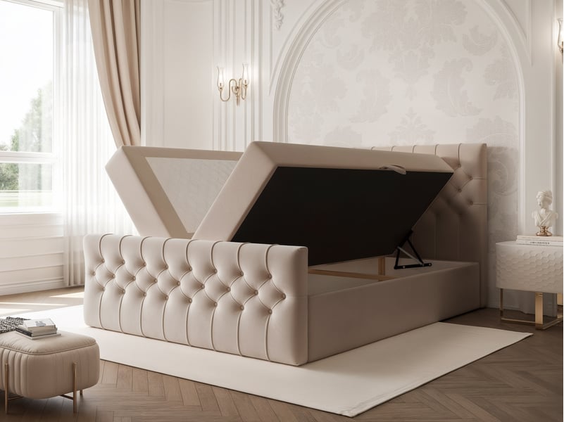  Lit adulte jolie - 180x200 cm - avec matelas à ressorts - coffre de rangement à ouverture latérale - gris-beige JOLIE - Conforama D