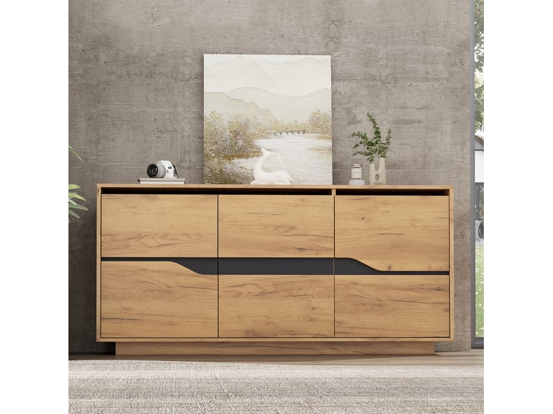  Buffet 140x40x70 cm, 3 portes, tablettes réglables, fermeture amortie, panneau de particules, chêne et noir, élégant  - Conforama B
