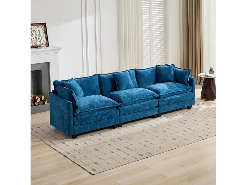 Canapé modulable 3 places bleu chenille confortable salon chambre installation rapide homvra  - Conforama C