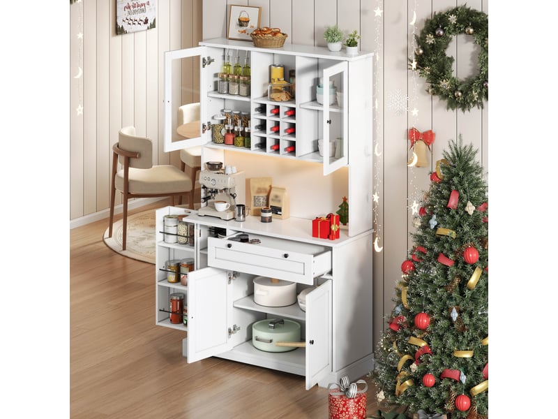  Vitrine de cuisine haute avec led et prise, armoire de rangement avec range-épices et étagères réglables, buffet vaisselier, 180 × 105 × 40 cm, blanc CARDUME ESTIVAL - Conforama E
