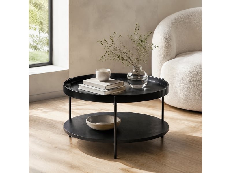  Table basse ronde avec 2 plateaux de rangement, style moderne, en bois et métal noir, noir, 69 × 69 × 38 cm  - Conforama B