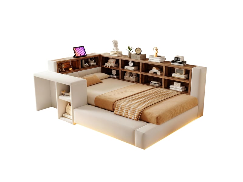 Lit avec tête de lit rembourrée modenvie 90 x 200 cm avec rangements, éclairage led, prises intégrées et banquette beige  - Conforama A