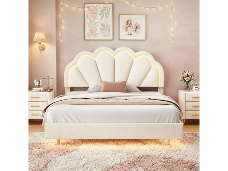  Lit double 140x200 cm, lit enfant avec tête de led réglable et sommier à lattes, lit flottant design forme couronne pour adolescents, velours, beige  - Conforama C