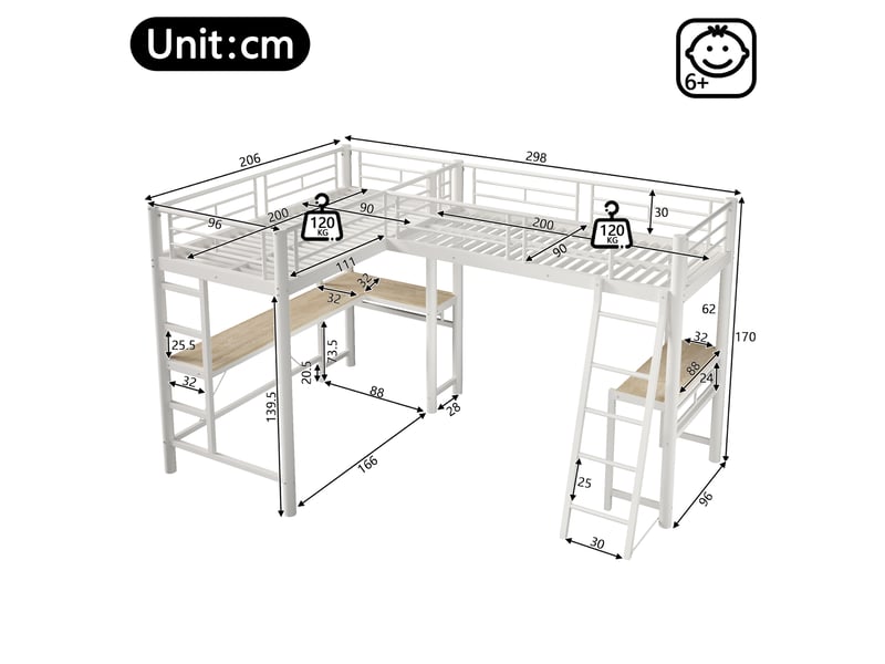  Lit mezzanine 90x200cm - 2 couchages + bureau + double échelle - métal - blanc CozyNest - Conforama C