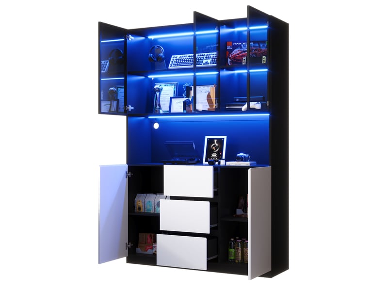  Vitrine en verre avec led, meuble vitrine 120x40x200 cm en mdf blanc et noir avec étagères, tiroirs et portes pour salon et salle à manger.  - Conforama W