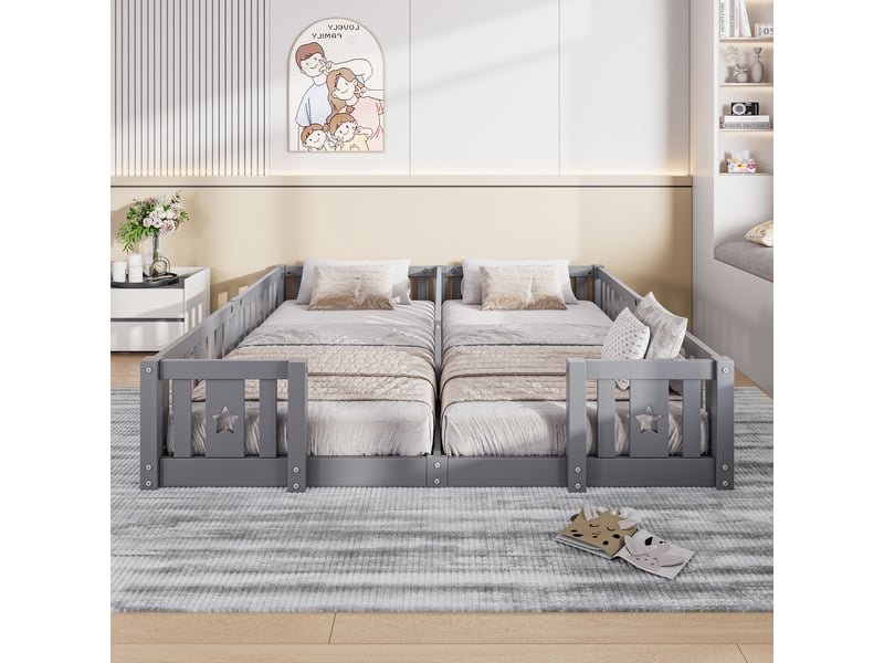 Lit au sol enfant 180x200cm - lit montessori avec barrière de sécurité - lit double 2 places pour bébé ou enfant - pin massif gris - sans sommier - Conforama D