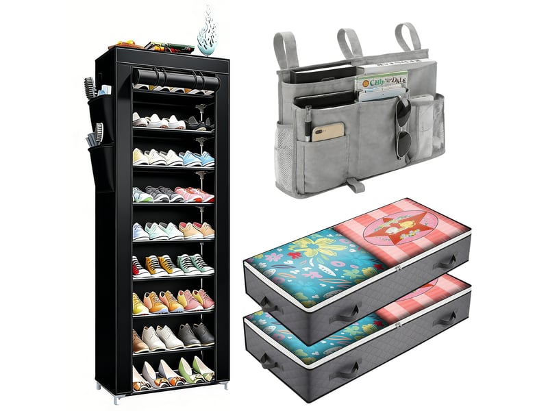  Kit de rangement 3 en 1 chambre : armoire portable, sacs sous le lit et pochette de chevet - noir et gris  - Conforama A