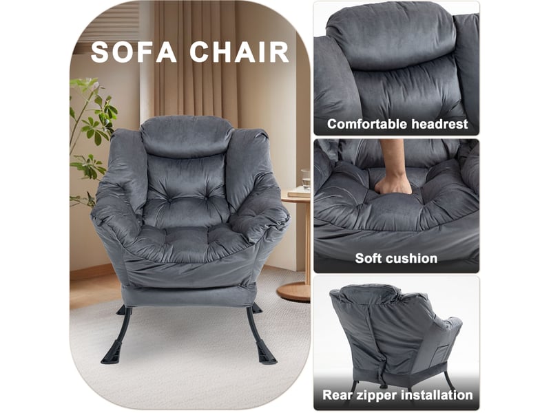  Fauteuil relax avec dossier haut, poche latérale et rembourrage en mousse, structure métallique gris foncé  - Conforama D