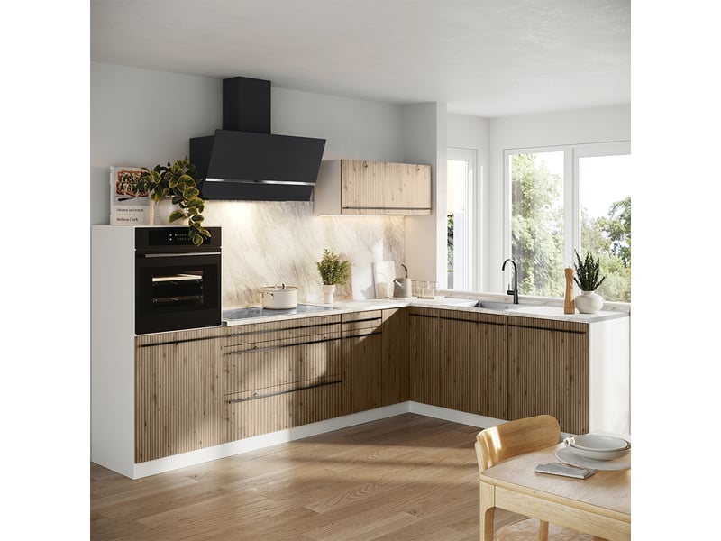  Vicco cuisine en angle, chêne artisanblanc, 287 x cm plan de travail chêne doré  - Conforama C