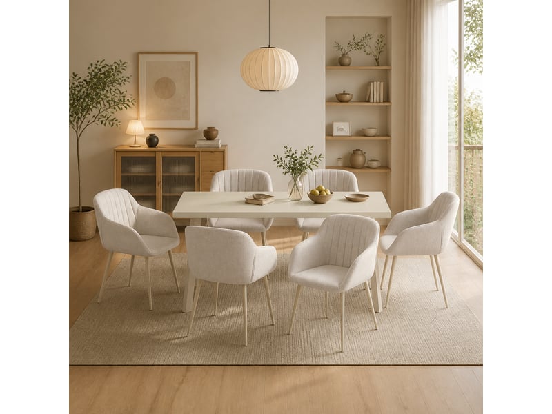  Ensemble table et 6 chaises - table rectangulaire 160x80 cm monobloc en travertin et pieds métal, 6 chaises en tissu beige et pieds en métal blanc  - Conforama B