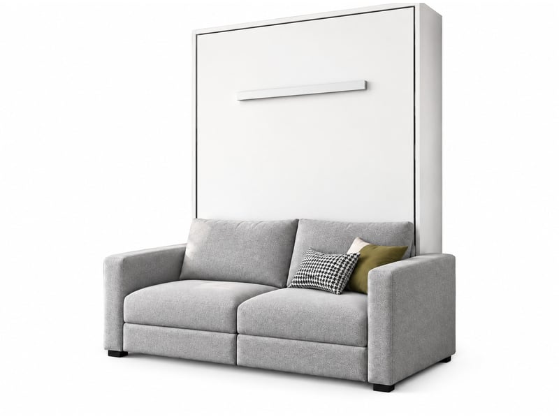  Lit escamotable vertical kimber avec canapé tissu intégré – le salon le jour, un vrai lit la nuit-120x200-cadre blanc-façade blanche-canapé gris clair  - Conforama A