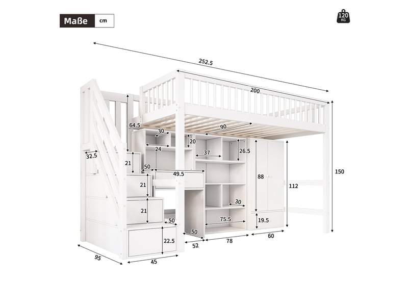  Lit mezzanine avec bureau 90x200 cm lit enfant bois massif avec armoire et escalier blanc  - Conforama C