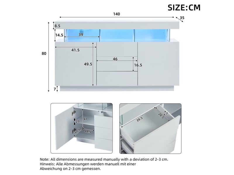  Buffet blanc laqué 140x35x80 cm avec 3 tiroirs et étagères, meuble de rangement moderne pour cuisine ou entrée  - Conforama C