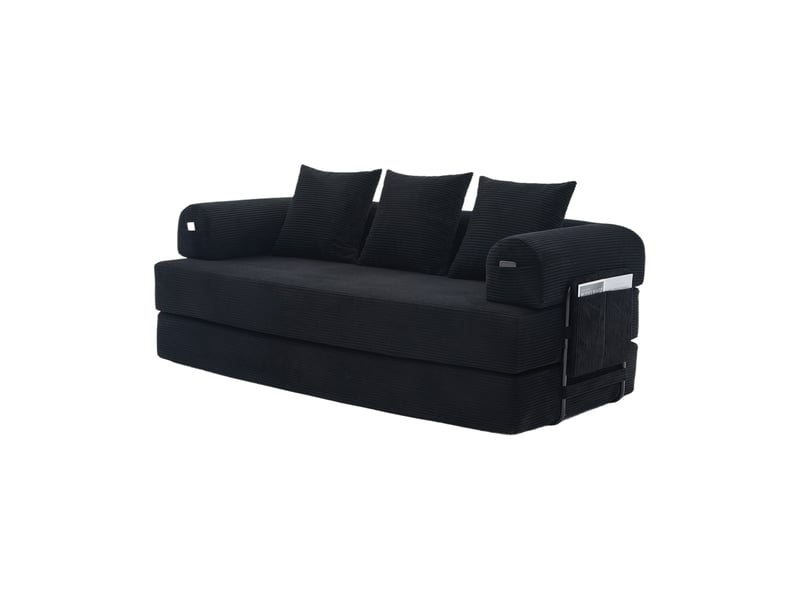 Canapé-lit convertible 3 places canapé au sol canapé modulable canapé compressé en velours côtelé avec structure en métal, noir  - Conforama A