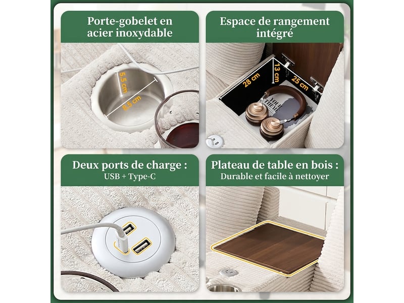  Canapé d'angle en velours côtelé beige 4 places - modulable avec port usb et pouf de rangement  - Conforama E