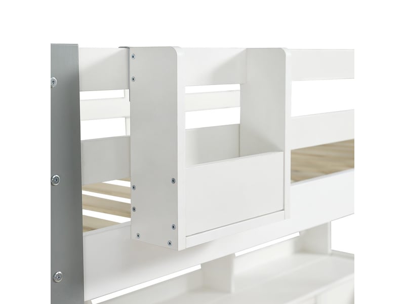 Lit mezzanine 90x200cm avec échelle latérale, étagère ouverte, bureau et casiers, blanc+gris - Conforama E