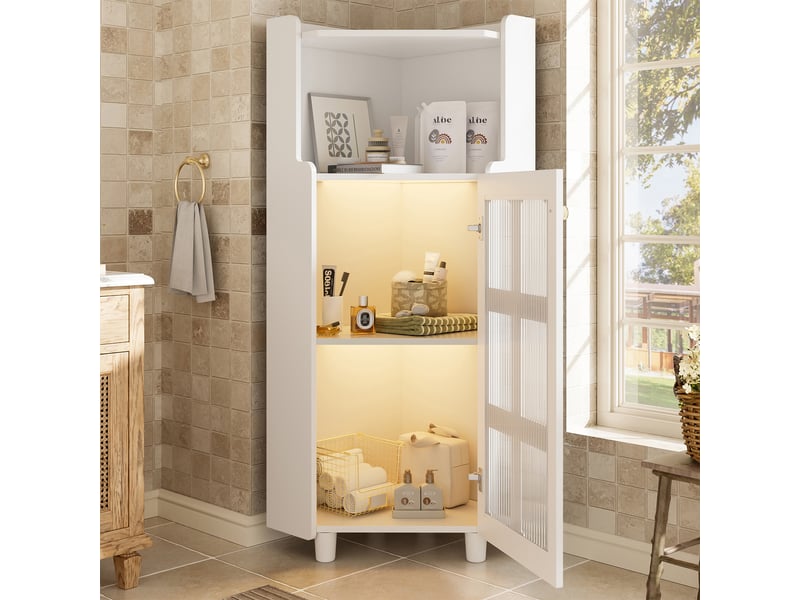  Armoire d'angle 63,5x45x124cm gain de place, led éclairage pilotable, pour salon, bibliothèque, salle de bain mdf blanc  - Conforama E