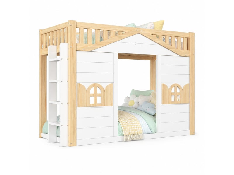 Lit mezzanine enfant simple 90×200 cm, fenêtre et échelle réversible - okmyhome- pin et mdf, blanc, sans matelas - Conforama A