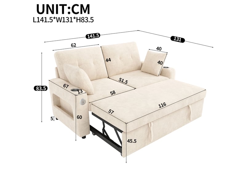  Canapé convertible 2 places 141,5x131x83,5 cm, led tricolore, usb et usb-c, 2 porte-gobelets, accoudoirs à rangement, chenille beige  - Conforama C