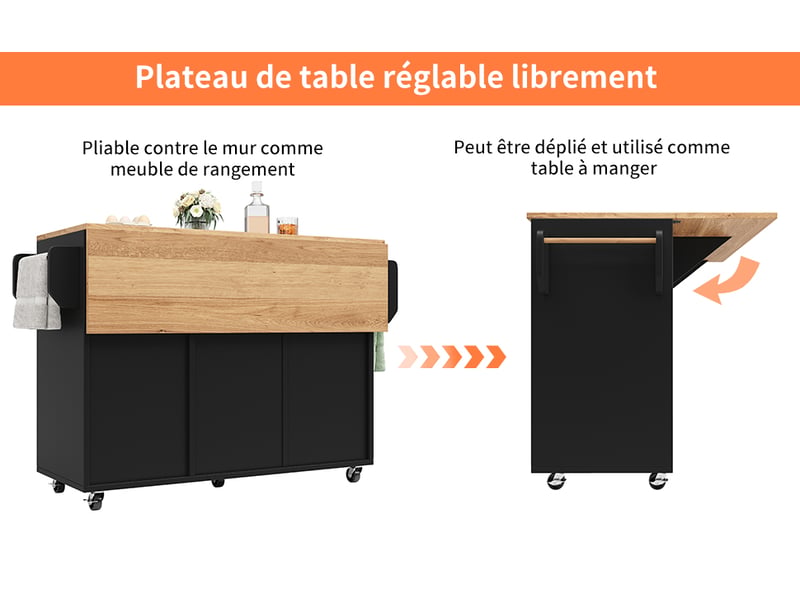  Buffet moderne avec espace de rangement et chariot porte-snack, noir  - Conforama E