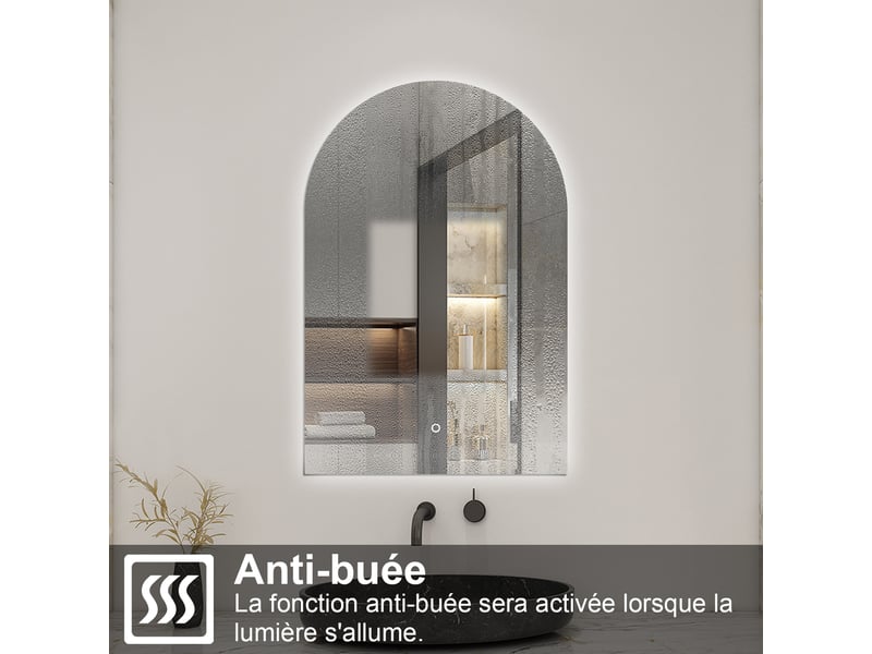 Aica miroir salle de bain arqué, 75x50cm, 3 couleurs, anti-buée, mémoire, rétroéclairage  - Conforama D