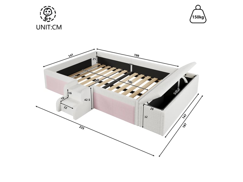  Lit enfant rembourré 140 x 190 cm avec petit escalier, banc coffre mobile et barrières latérales rembourrées, en velours blanc, sans matelas  - Conforama E