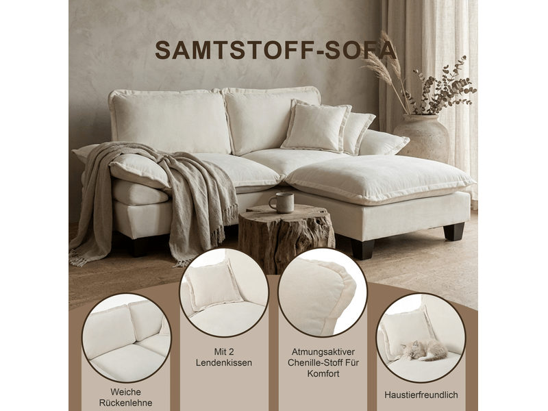 Canapé 3 places en tissu chenille beige 264x85x90 cm avec accoudoirs amovibles  - Conforama E