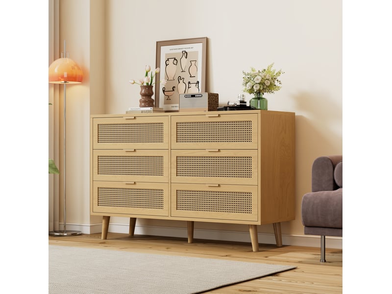  Commode 6 tiroirs 120x40x76,5 cm, rangement rétro, poignées métal, panneaux de particules, chêne clair  - Conforama B