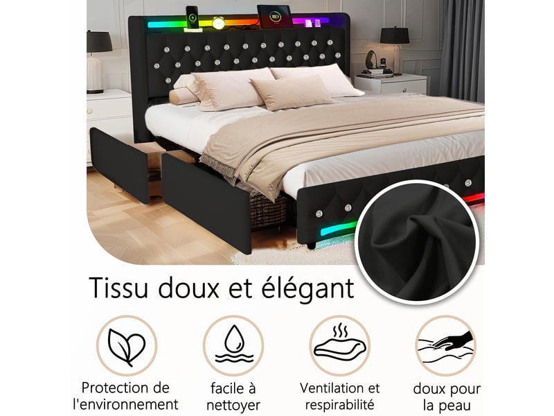  Lit 2 places 160x200 cm noir avec bluetooth, 4 tiroirs, led, ports usb+type-c sans matelas EBD852Q-BK - Conforama E