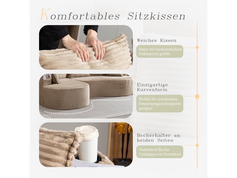 Canapé de salon, canapé velours – coussins inclus, porte-gobelets, en velours tricoté, mousse haute densité - Conforama E