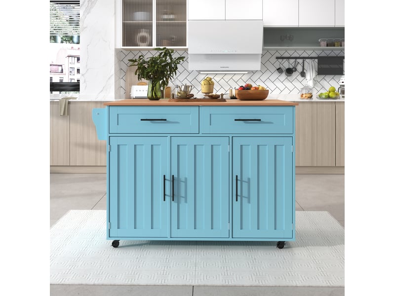 Desserte de cuisine à roulettes avec plateau rabattable en mdf bleu clair - Conforama D