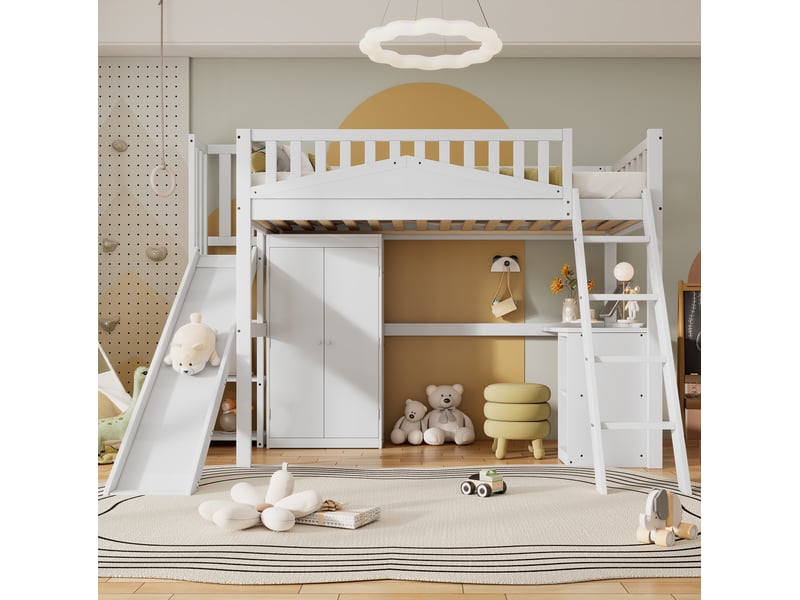  Lit superposé enfant 90x200 cm, avec toboggan, bureau et armoire, rangements intégrés, bois et mdf, blanc, sans matelas  - Conforama B