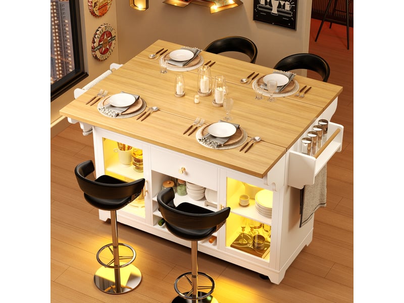 Îlot de cuisine sur roulettes avec led rgb, plateau rabattable des deux côtés, range-bouteilles et étagères réglables, bar mobile - blanc - Conforama B