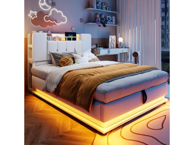  Lit coffre rembourré 90x200 cm coloris beige led tissu lit enfant beige - Conforama E