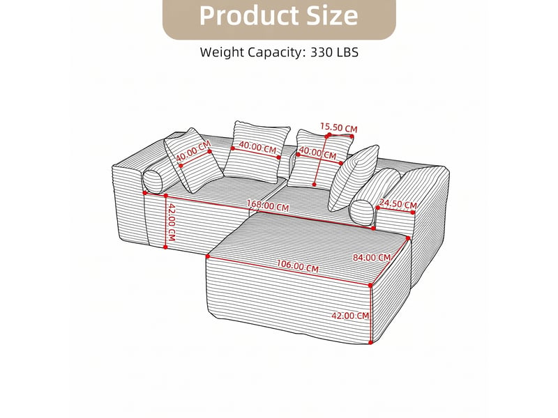  Canapé modulable d'angle compressé 217x110x60 cm 3 places en mousse, pour salon, design moderne, velours côtelé, gris  - Conforama C