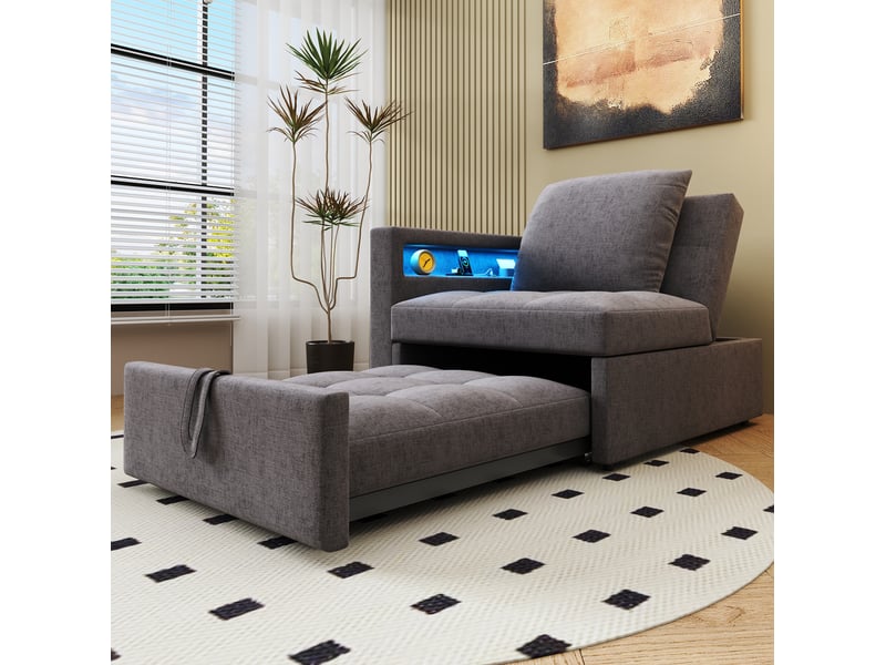 Fauteuil gigogne 177x68x65 cm, design 3-en-1 transformable, dossier ajustable, led, charge, accoudoirs, lin, gris foncé - Conforama B