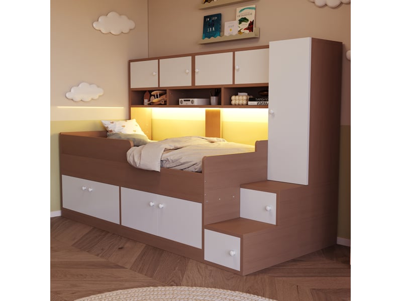  Lit enfant 90x200 cm avec rangement, armoire, led, barrière sécurité, escalier, aggloméré mdf blanc naturel  - Conforama B
