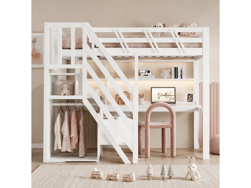  Lit mezzanine enfant 140 x 200 cm blanc avec bureau, rangements, usb et éclairage led  - Conforama D