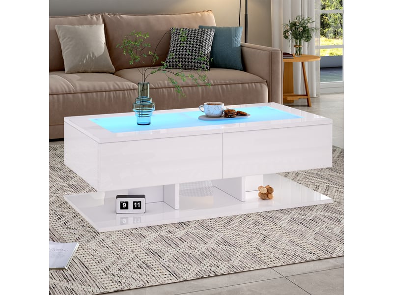  Table basse blanche brillante 100x50x35 cm, table de salon avec tiroirs et plateau en verre trempé, table basse led  - Conforama D